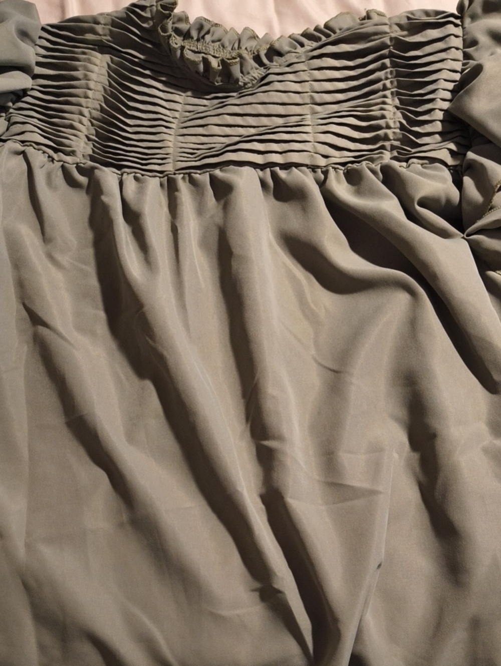 Smocked Yoke Short-Sleeve Women's Shirt in Olive